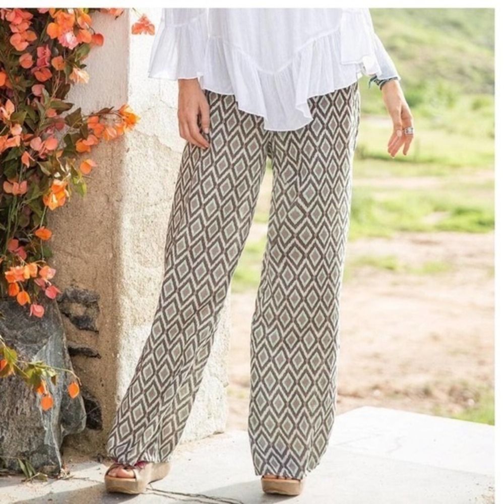 Sundance Geometric Print Palazzo Pants Linen Blend Women's Small‎ Gray White